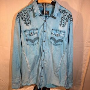 Buckle Black Men's XL Athletic Fit Tribal Embroidered Snap Button Shirt Blue